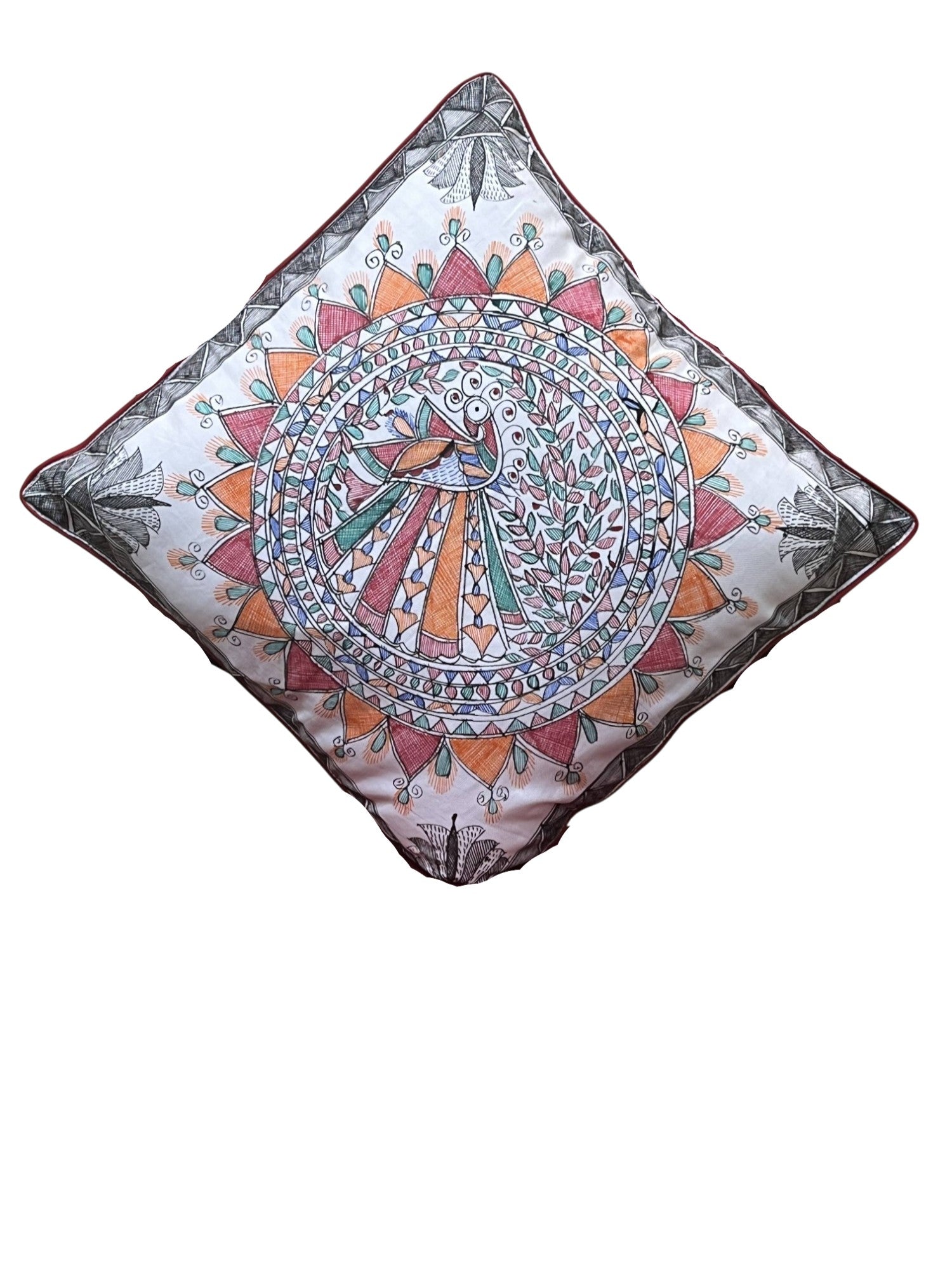 HAND-PAINTED MADHUBANI PEACOCK CUSHION COVER